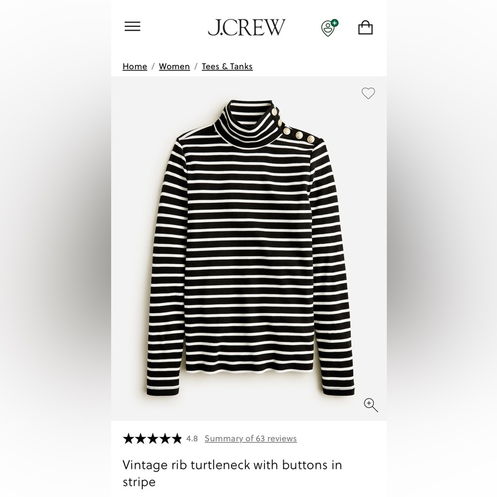 J.Crew Vintage Rib Turtleneck in Black and White Stripe Size Small NWOT